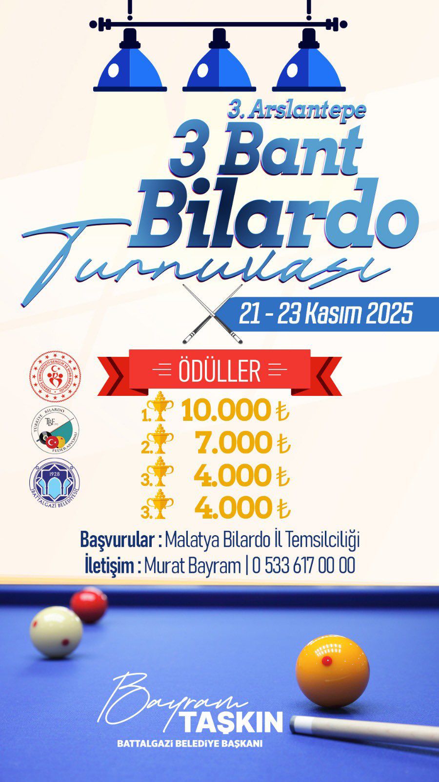BATTALGAZİ BELEDİYESİ’NDEN 3. ARSLANTEPE 3 BANT BİLARDO TURNUVASI  